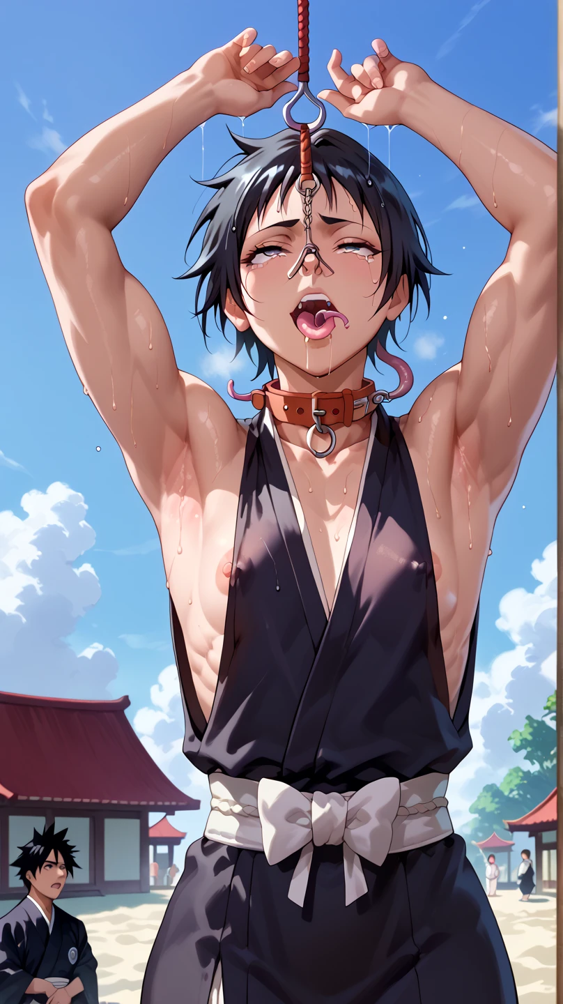 a picture, inspired by Kentaro Miura, trending on pixiv, soifon from bleach, black uniform, favorite scene, fine details, skins, sweating, small breasts, both hands raised, armpits, (small head),armpits visible, dripping with sweat, more more sweat, ((Japanese clothes)),open mouth,rolling eyes,muscle,kneel down,open legs,For the audience, (muscle:1.2),Looking at the audience, tired, (small breasts),sexy body,perfect body,(drooling), tears, head wet, runny nose, black hair, (dog collar) ,transparent nose hook, tentacle in mouth. 