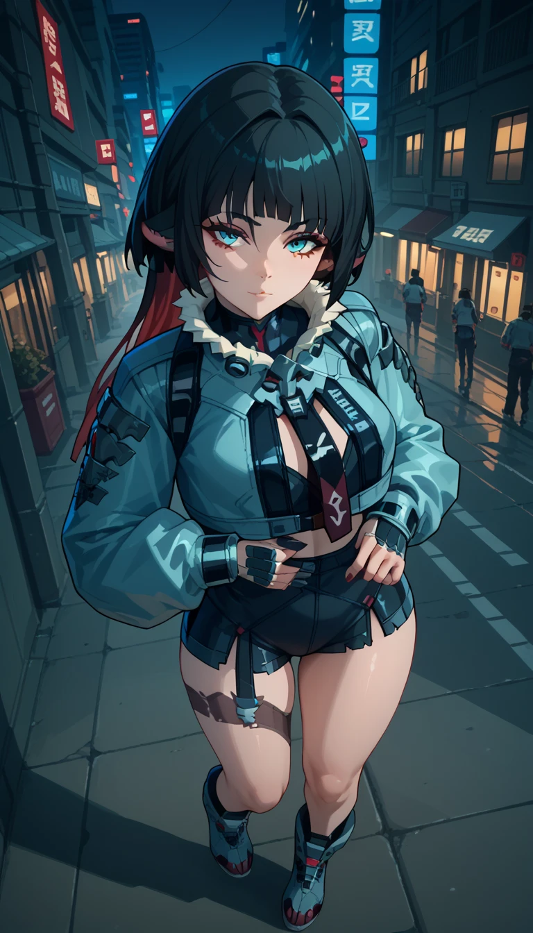 yanedoe- zzz, aqua eyes, long hair, black hair,  red hair ,  Animal ears,  looks at the viewer ,  full length,  the body is completely 1.1.,  correct anatomy 1 .1., very sexy,  sexy pose, Above the building, I look at the city,  facing the viewer , night city, cyberpunk street, 