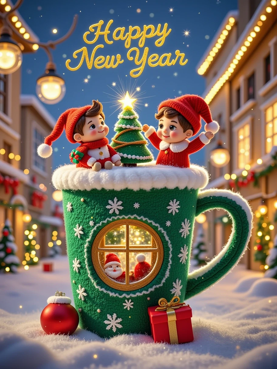 Plush texture, plush material, New Year's Day scene, with "Happy New Year" written on the top, digital production, fantastic New Year's Day celebration, a green Starbucks cup, with a Christmas tree hole decorated with white snowflakes, a small Paper Cuttings window in front, a boy and a girl, sitting inside, dressed in festive attire, holding New Year balloons and small gifts, happily celebrate the arrival of the New Year, smiling, the cup presents a warm festive atmosphere, as if it were a small festival home. The background is bustling city streets, with neon lights decorating buildings and