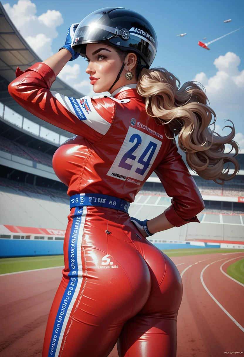   I want a realistic tattoo model of a woman as if she were a Formula 1 pilot dressed in a racing jumpsuit,  holding the helmet you just took off and the hair flying with the wind hitting my face long hair  (butt height) and very smooth blue-black Ayrton Senna&#39;S red jumpsuit . 
light brown eyes 1,60 tall 55kg the helmet has to be Senna&#39; s the woman has brown eyes ,  looks like she is approximately 23 years old ,  has delicate lips and is very white . 
 she has to be on a race track  