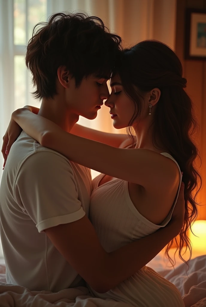 Japanese woman turns sideways、The woman has her back to the man,A Japanese man is hugging her from behind,In bed,The woman has long hair,The woman is wearing a T-shirt,men are２０Old Japanese,men areTシャツを着ている,２人ともIn bedで横になっている,Beautiful eyes,Fine skin,The woman has her eyes down,The two of them don&#39;t meet,Highest quality,