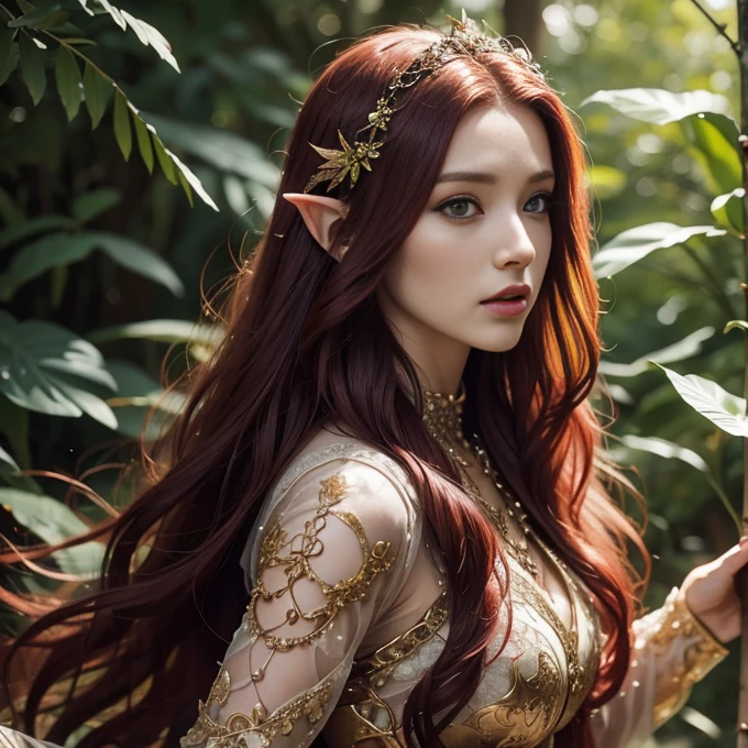 “Woman, long curly hair, black hair with pink tips, injured, sad, in a forest, Kneeling, elf, pink tips and black hair, mixed hair, blue eyes, hair tips