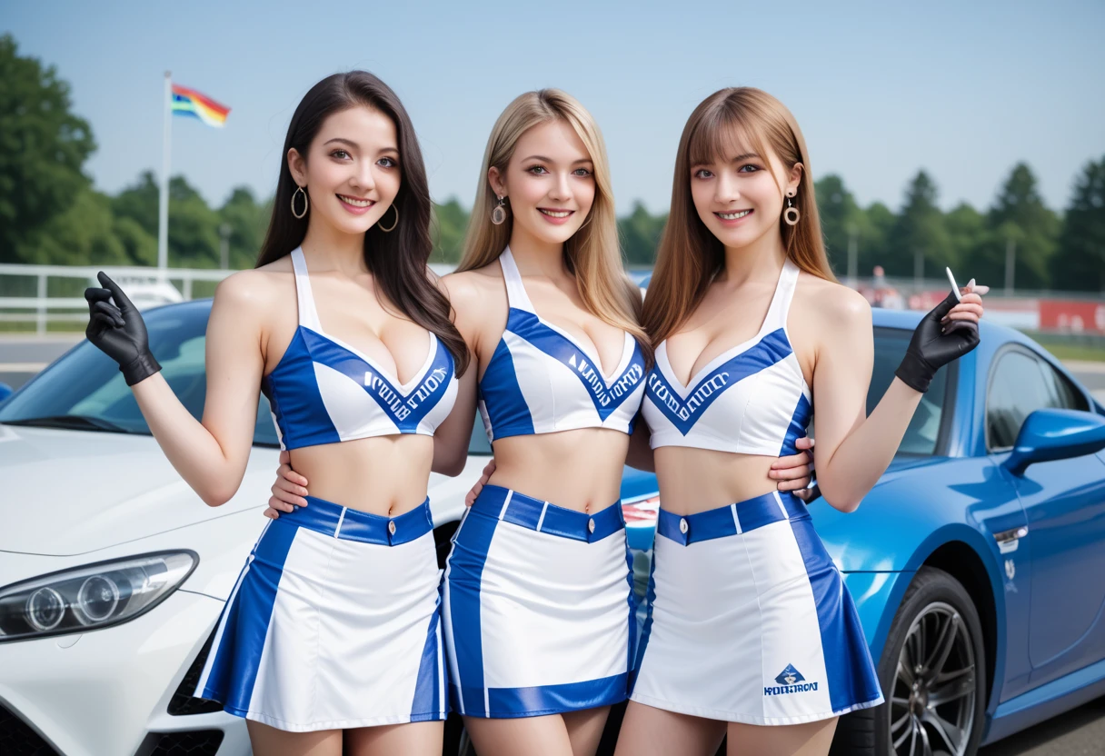 (((One-shoulder mesh girls outfit))),(((Dynamic pose))),(((Abdominal Peek))),(((Show under the chest ))),(((Blue and white miniskirt lift))),(((Bare inner thighs))),(((F1 cars on display))),Ulzzang-6500-v1.1, (Original photo:1.2), (Realistic:1.4), Three beautiful and delicate girls, Very detailedな目と顔, Beautiful and delicate eyes, Very detailed, High resolution, highest quality,masterpiece, Very detailed, 8k wallpaper, wonderful, Fine details, highest quality, There is Light on the face,Light,One Girl,(Car Race Track),Beautiful Eyes,smile,Open your mouth