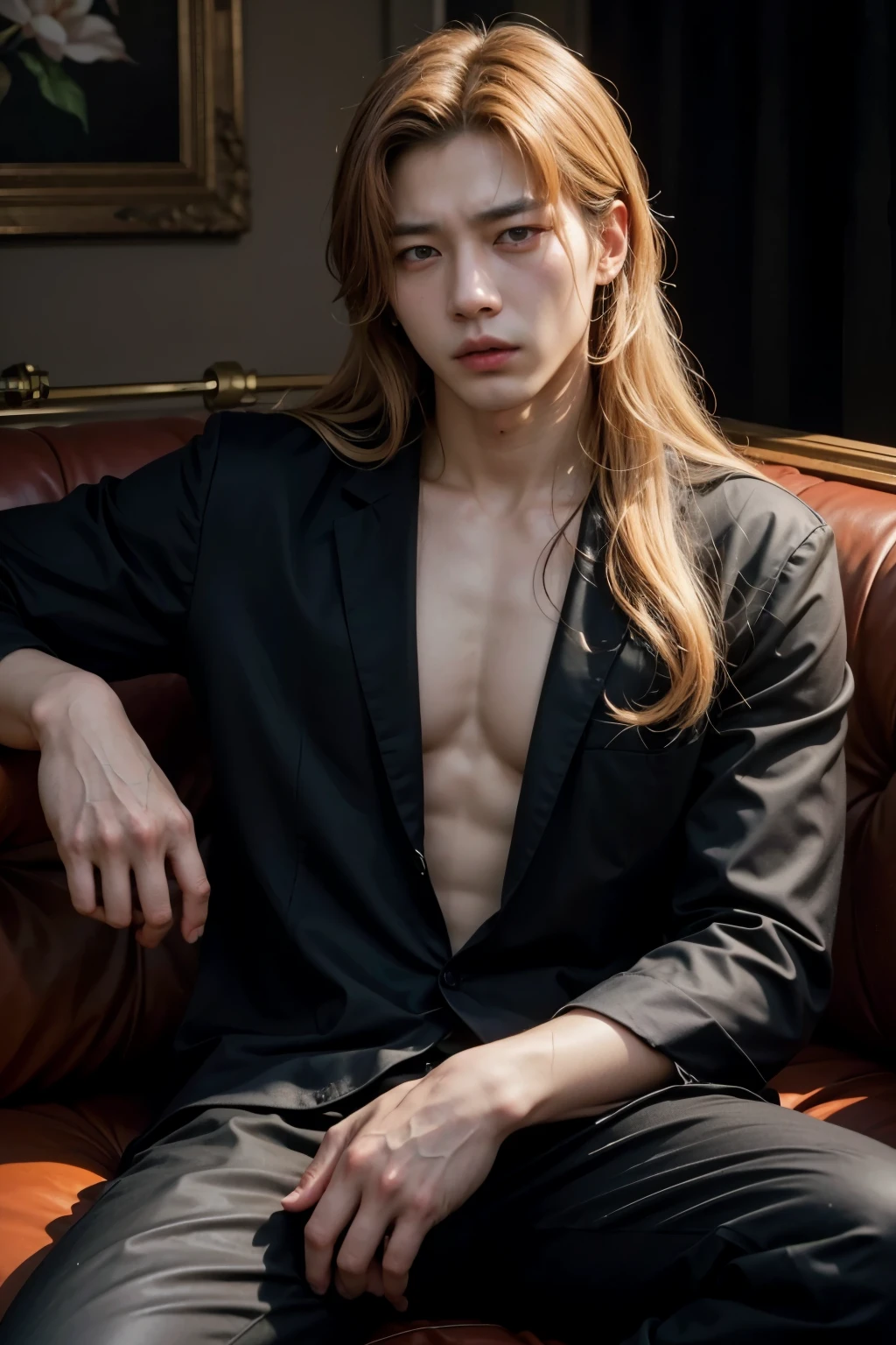 (8k,photorrealistic RAW photograph Maximum quality;1.4) (1 Korean boy) Super handsome king of hearts from the underworld (lifelike face) (light red hair, long curly hair in the wind) slenderbody Muscular and macho big pink eyes Aristocratic costume of seven cups Seven Cups Decoration Fangs peeking out of the mouth Pointed claws a seductive gaze Beautiful expression A hyper-realistic (King of the Underworld) appealing (real looking skin) super high resolution high détail Luxury seven cup pants Aura with vibrant red body colors effect seven cups cover