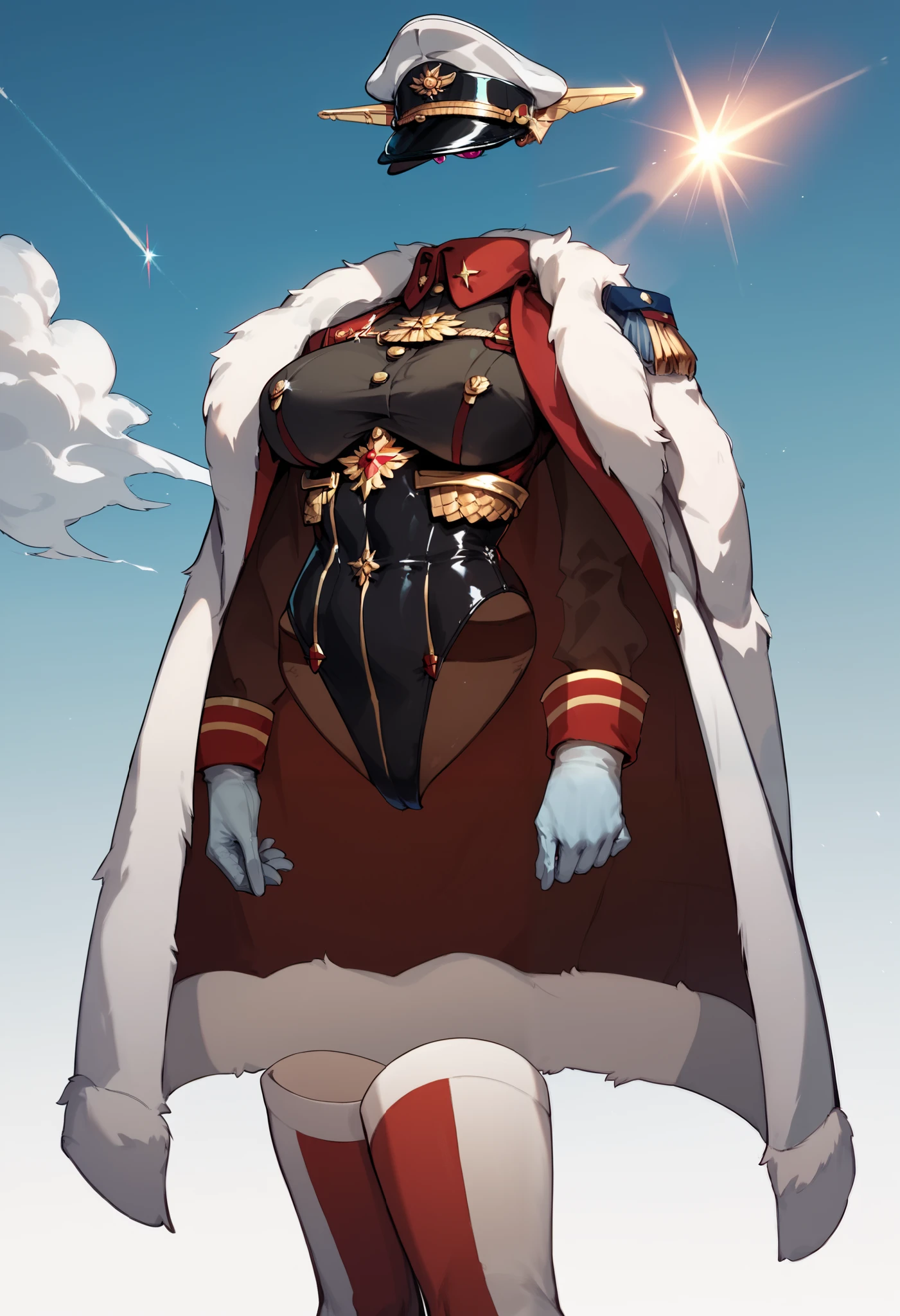  High Quality ,masterpiece,Alone,invisible body,Big Breasts,A fur coat that looks like a military uniform,Thick gloves,military cap, High Glare Leotard,WHITE LONG KNEE SOCKS , cowboy shot,