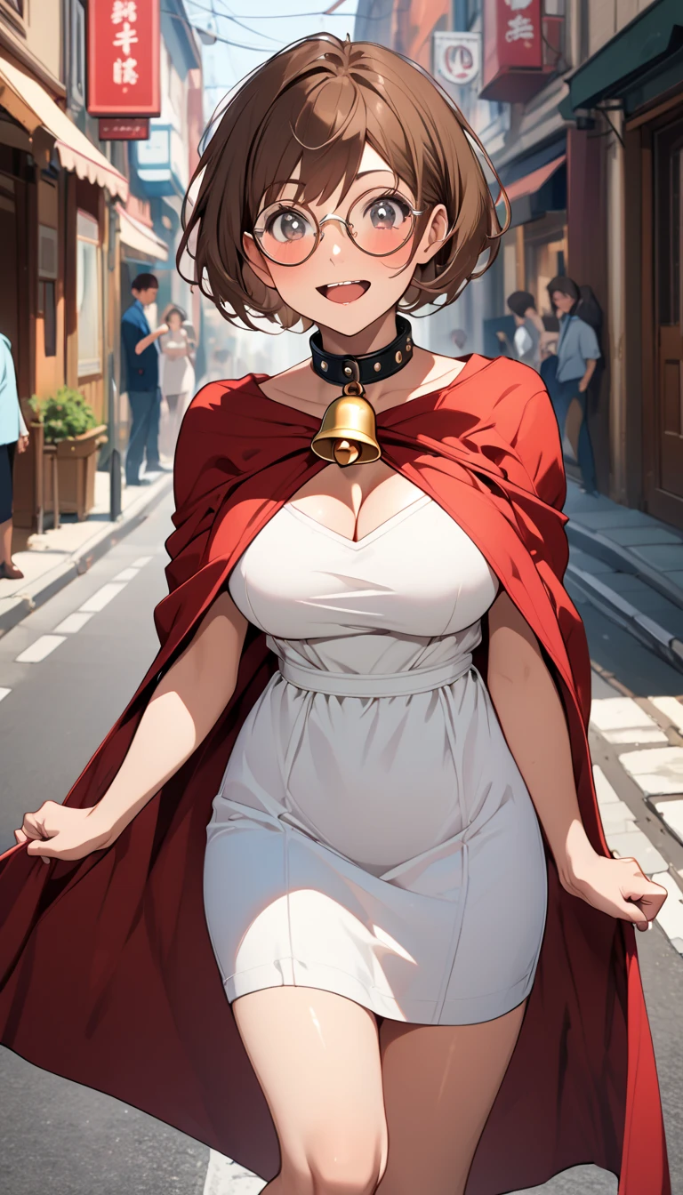 score_9, score_8_up, score_7_up, source_anime, Illustration of a girl wearing a red cloak:1.9, tomboy, solo, (very short hair, pixie cut, brown hair), circle-glasses, cute girl, perfect female body, big breasts, cleavage, beautiful limbs, white dress, red mantle:1.9, red cloak:1.9, standing, leather collar, bell, submissive, street, Ecstatic expression