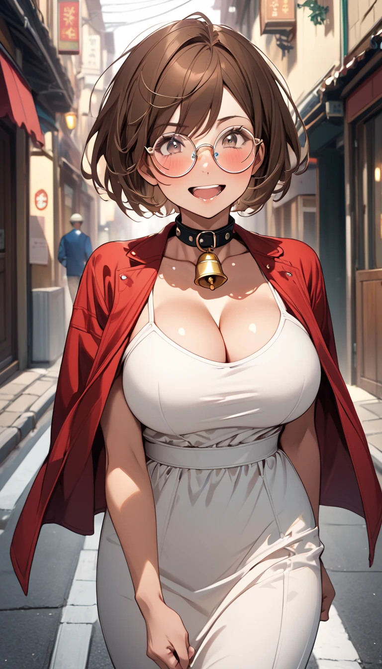 score_9, score_8_up, score_7_up, source_anime, Illustration of a girl wearing a red cloak:1.9, tomboy, solo, (very short hair, pixie cut, brown hair), circle-glasses, cute girl, perfect female body, big breasts, cleavage, beautiful limbs, white dress, red mantle:1.9, red cloak:1.9, standing, leather collar, bell, submissive, street, Ecstatic expression