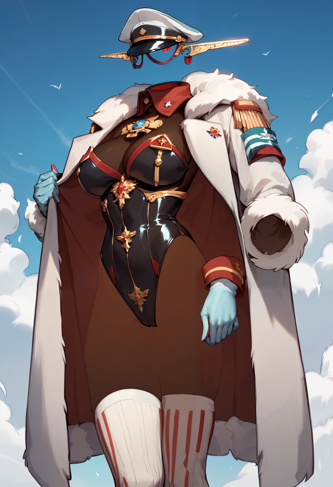  High Quality ,masterpiece,Alone,invisible body,Big Breasts,A fur coat that looks like a military uniform,Thick gloves,military cap, High Glare Leotard,WHITE LONG KNEE SOCKS , cowboy shot,Stand up your collar so that it surrounds your face