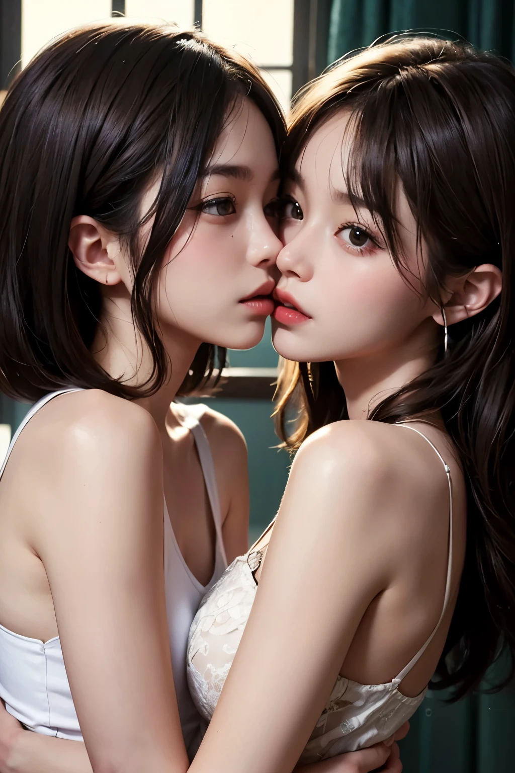 highest quality、16k,Best image quality、Professional Lighting、Natural light、Ultra-high resolution,Clear photos,Beautiful and delicate skin、No makeup、thin,White skin,Short Bob Hair,Brown Hair,Exquisite appearance、Affectionate３people:1.8,Kiss３people:1.8,Embrace each other:1.8,Put your lips on it:1.6、Detailed Background,Idol group member:1.6,Lesbian,Lesbians licking each other&#39;s private parts,((Flat Chest)),(((Small waist))),High resolution, masterpiece, accurate, Anatomically correct, 最high quality, detail, High-resolution model, high quality, Very detailed, Ultra high definition, Textured skin, Sony FE GM, Aperture value F16, Focus: 85mm, Cinematic light effects, Realism, Portrait Photography, Super detailedな, Super detailed, Cinematography, masterpiece, ((Very small breasts)),(Very beautiful nipples),A beautiful girl of unparalleled beauty,Attractive clothing and underwear,A seductive smile,Long Hair, Hair blowing in the wind,The belly button and the surrounding area are exposed,Open your mouth a little, Cowboy Shot, (Very small hips),(Very thin buttocks),