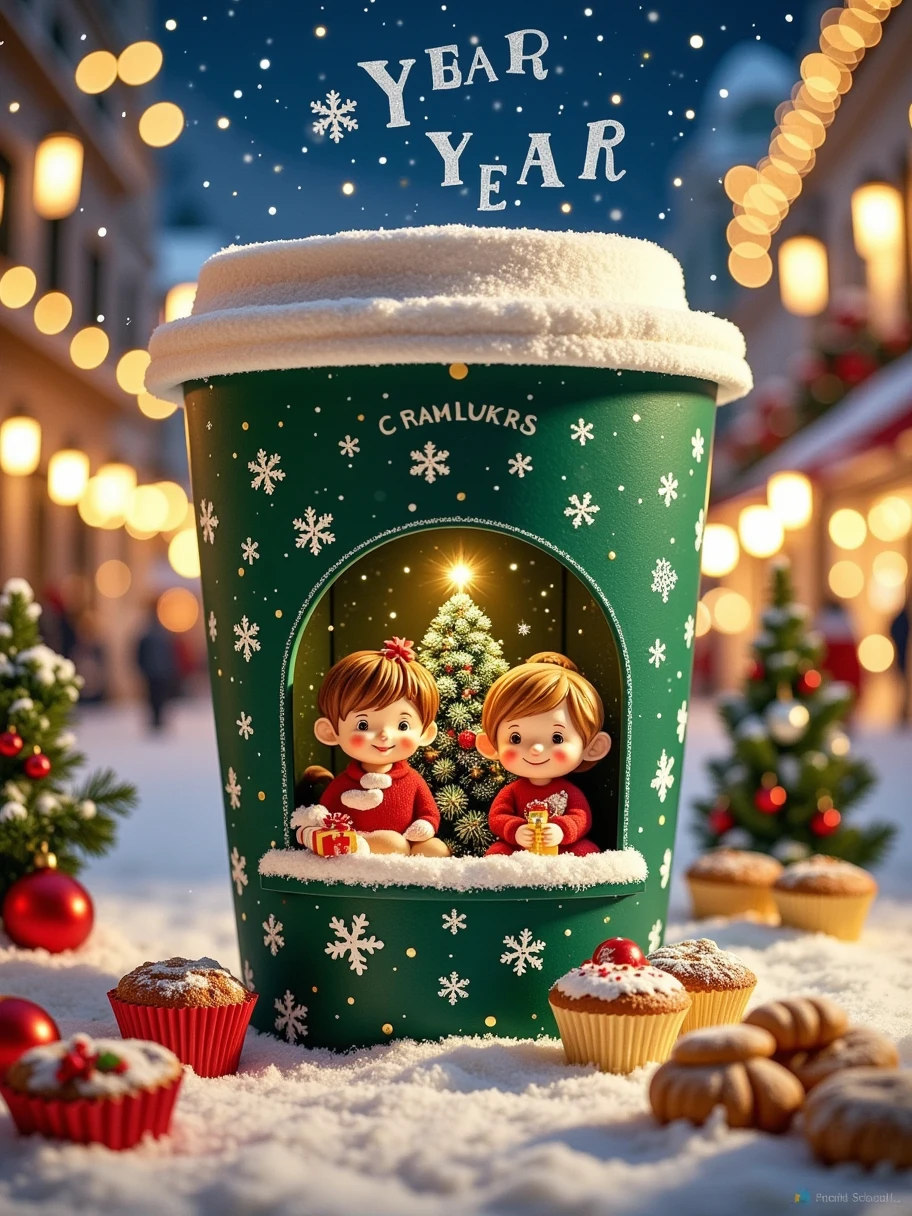 Plush texture, plush material, New Year's Day scene, with "Happy New Year" written on the top, digital production, fantastic New Year's Day celebration, a green Starbucks cup, with a Christmas tree hole decorated with white snowflakes, a small Paper Cuttings window in front, a boy and a girl, sitting inside, dressed in festive attire, holding New Year balloons and small gifts, happily celebrate the arrival of the New Year, smiling, the cup presents a warm festive atmosphere, as if it were a small festival home. The background is bustling city streets, with neon lights decorating buildings and