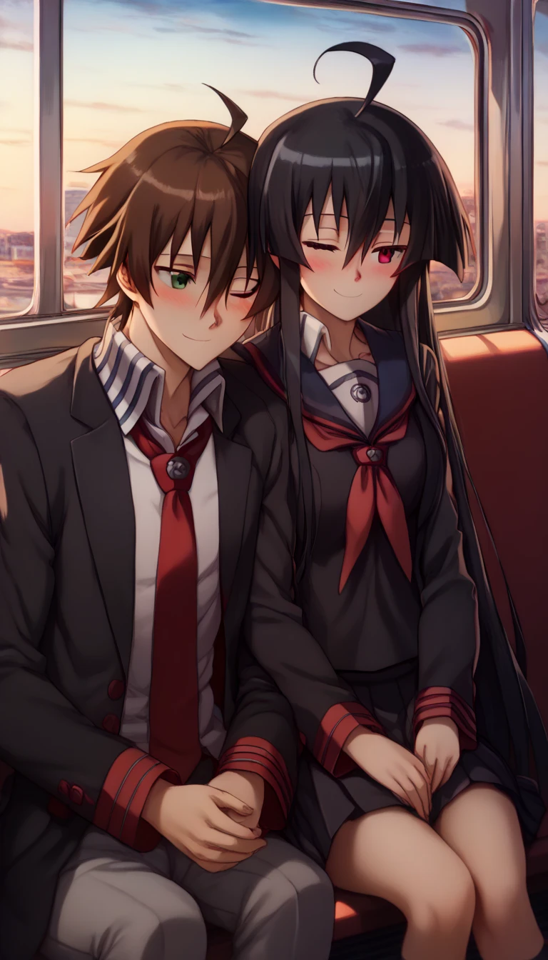 leaning on person side-by-side, sitting, hetero, sleeping, couple, train interior, leaning on person,(((1girl, akame, long hair, black hair, red eyes, hair between eyes,school uniform, wearing a navy blue sailor uniform with a red ribbon, smile, blush, closed eyes))),(((1boy,tatsumi_akame_ga_kill, brown hair, green eyes, short hair, hair between eyes, ahoge)))