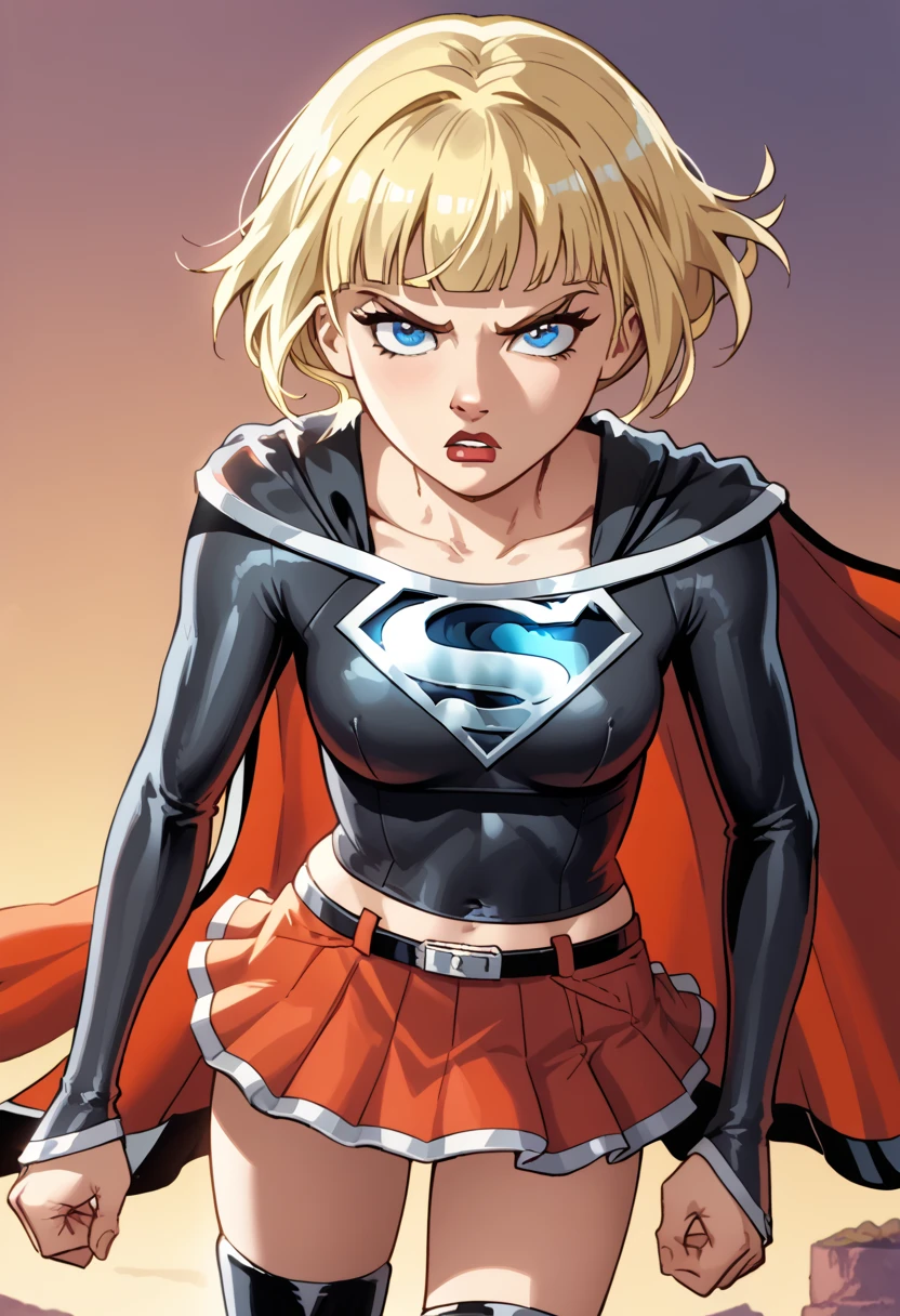 Emma Hanes radiates a powerful and enigmatic aura in the dark Supergirl costume, adding a mysterious edge to her otherwise lively demeanor. The bodysuit, crafted in a deep charcoal gray with a crimson and black "S" emblem, enhances her commanding presence. A matching dark red cape cascades down her back, adding drama and intensity to her look, while the muted crimson skirt and black boots tie the outfit together with a sleek and formidable style.

Her blonde hair contrasts strikingly with the dark palette, catching the light as it frames her sharp, determined features. Emma’s eyes, often filled with warmth, now reflect a deeper, more contemplative strength, hinting at a resolve forged through challenges. Her posture is confident yet restrained, one hand resting on her hip while the other subtly grips the cape, as though prepared to take flight at a moment’s notice.

In the dark Supergirl costume, Emma Hanes represents a hero who has embraced both light and shadow, demonstrating resilience and adaptability. She inspires awe and respect, proving that strength comes not only from ideals but also from the courage to face and overcome life’s adversities. Emma Hanes, blonde hair,short hair,blunt bangs,blue eyes, 1girl, solo,