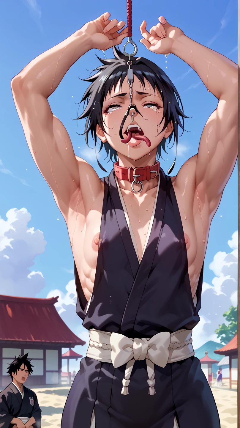 a picture, inspired by Kentaro Miura, trending on pixiv, soifon from bleach, black uniform, favorite scene, fine details, skins, sweating, small breasts, both hands raised, armpits, (small head),armpits visible, dripping with sweat, more more sweat, ((Japanese clothes)),open mouth,rolling eyes,muscle,kneel down,open legs,For the audience, (muscle:1.2),Looking at the audience, tired, (small breasts),sexy body,perfect body,(drooling), tears, head wet, runny nose, black hair, (dog collar) ,transparent nose hook, tentacle in mouth. 