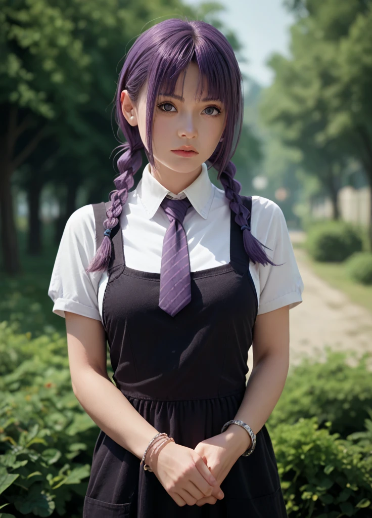 borutosumire, 1girl, purple hair, solo, white shirt, large breast, necktie, twin braids, pinafore black dress, bracelets, cowboy shot, outdoors