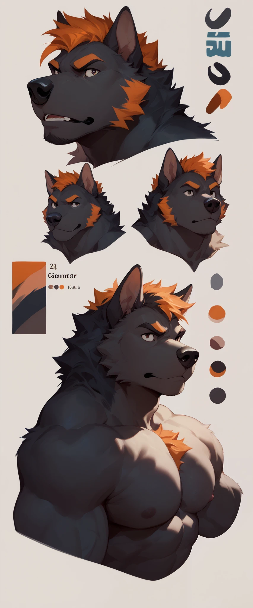 Wolf archer. Portrait. Head and pectorals focus. Masculine, buff, broad shoulders, Full body, black fur, orange highlights, nude, dog sheath, character sheet, bow, hunting bow