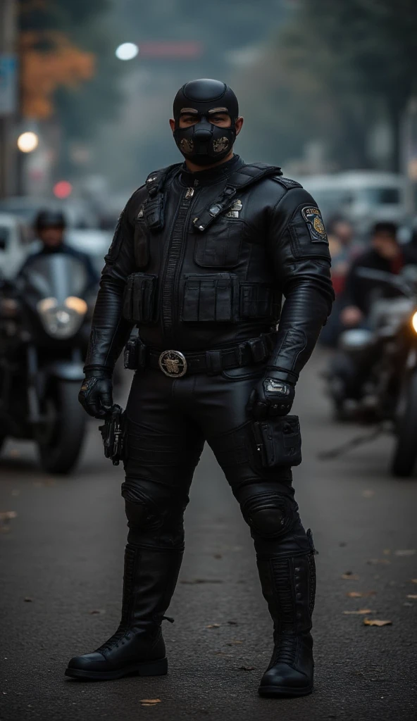 一個肌肉發達的成年男性的Full body image。 Men's Body Police Tactical Clothing Tactical Equipment Police Tactical Unit，PTU 黑色皮革Full body image、 mask and mask . Wearing Police Leather Jacket ，leggings. Tactical boots.Leather Suitable for Full Body Coverage 。  smooth leather 。   Dark Atmosphere 。 Low Light。  Faint light casts dramatic shadows 。Police Heavy Duty Motorcycle . Strange otherworldly atmosphere 。  Another world city 。 Full body image。。 full-body photo 。 fantasy