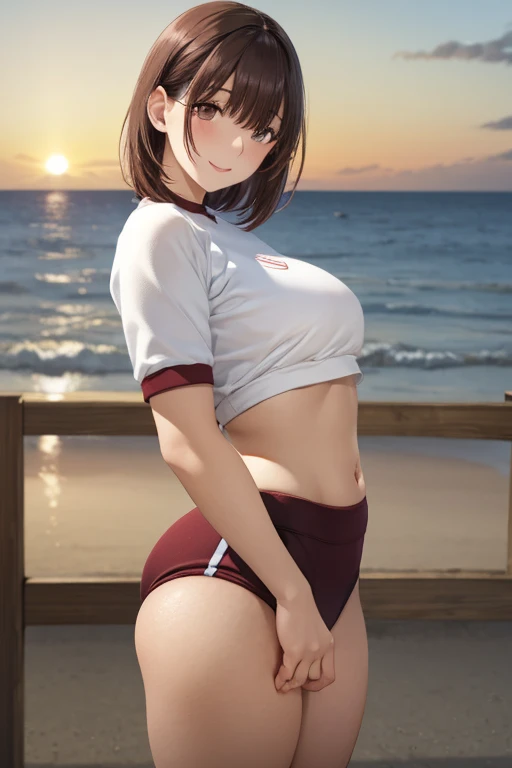 anegasaki nene、 shiny maroon hair,  short hair, ( brown pretty eyes 、 sparkling eyes , Fine grain)、smile、 super detailed eyes、 very detailed face,  very detailed eyes,cowboy shot、( One girl , Alone, Alone), masterpiece,  high res,  high resCG Unity 8K,



masterpiece,  top quality ,  ULTRA DETAIL,  illustration,,   One girl ,  full body ,Obscene and lewd Buruma,white crop gym clothes,   detailed background, ,  Beach , sunset,