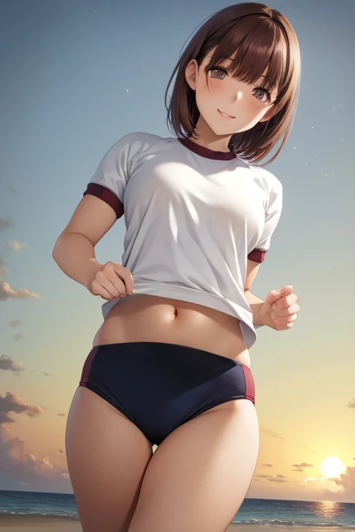 anegasaki nene、 shiny maroon hair,  short hair, ( brown pretty eyes 、 sparkling eyes , Fine grain)、smile、 super detailed eyes、 very detailed face,  very detailed eyes,cowboy shot、( One girl , Alone, Alone), masterpiece,  high res,  high resCG Unity 8K,



masterpiece,  top quality ,  ULTRA DETAIL,  illustration,,   One girl ,  full body ,Obscene and lewd Buruma,white crop gym clothes,   detailed background, ,  Beach , sunset,