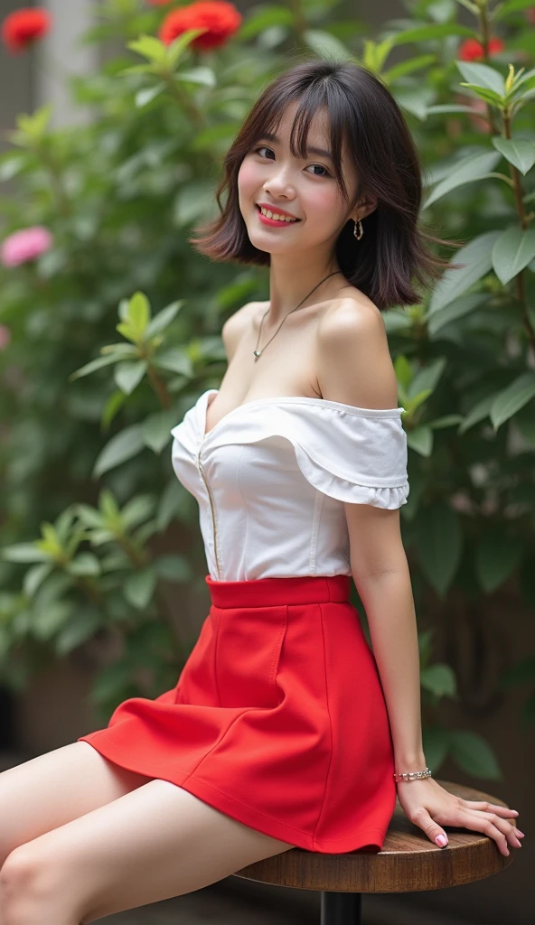 Realistically, Super detailed, professional photo of 1 girl, full body photo, masterpiece garden terrace, view to the garden,photoRealistic, intricate-detail、Raw foto、perfect skin, radiant skin, white skin, natural makeup, Trending in art stations, 18K, Masterpiece、1girl 20 yrs, 170 height, very light brown medium Hair, the most beautiful asian girl, from japan,beautiful face, real face, better eyes, face and skin, small nose, sweet girl, jaw dropping beauty, smiling with dimples, white teeth, red lipstick, curly hair, blue eyes, beautiful eyes, seductive smile, full lips, curvy girl,medium to large natural full breasts, cleavage, gorgeous girl, red skirt with floral details, designer skirt, detailed legs, red and yellow clothes colors, vogue style, beautiful colors, beautiful contrast colors, Super detail body, perfect body, perfect legs, confident woman, seductive smile, red Polka Dot Print blouse, and floral skirt, milk and mocha style, glamorous design with beautiful details, intricate details, designer outfit, blouse opens, vivid colors, foreground objects, background details,stylish girl, super sharp image, 18K wallpaper, crystal clear, beautiful pose, full body photo, smiling, neon green blouse and floral mini skirt, beautiful clothes contrast, detailed hands, detailed fingers. Try adding a chic accent, uhd, masterpiece, various poses, image clarity, crystal clear, sitting on the chair in front of a table with food, garden terrace, view to the garden, image clarity,depth of field, real life enhancer, perfect legs, bottom angle, sideway angle, wide shot, front light, back light, very good light on her face to accentuate her beautiful face, beautiful texture of the skin,image clarity, the most beautiful girl in the world, accurate,award winning, smile, flirting with the camera, the biggest smile looking at me, vibrant colors