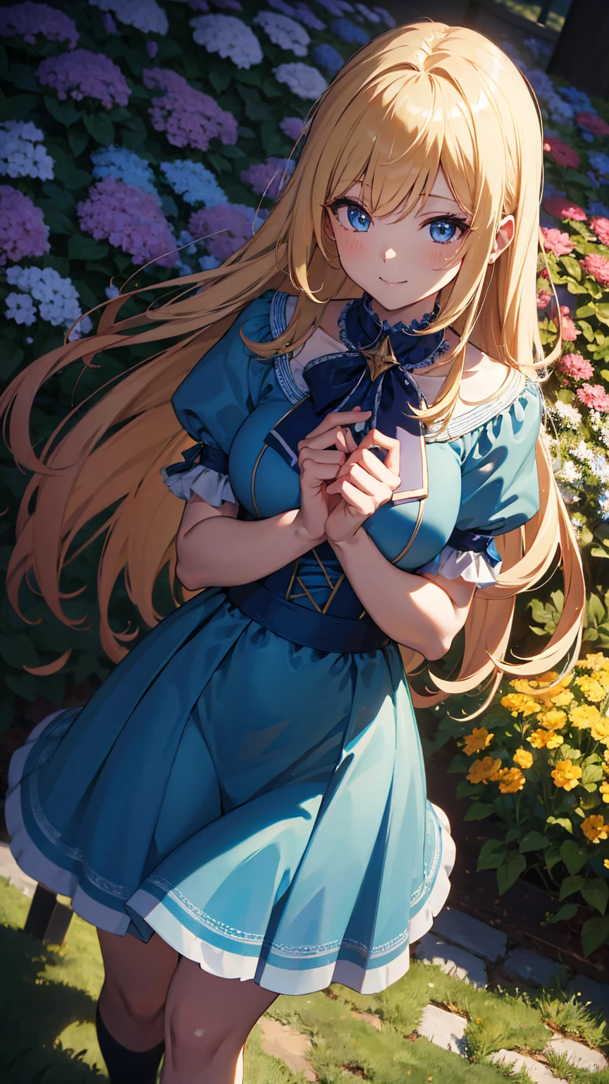 8k, masterpiece, ultra-detailed, photorealistic, 256k, 64k, (anime:1.4), svankmajor artstyle, vivid outline, outline, shade, shiny garden, 1girl, an extremely delicate and beautiful, emotional, blonde hair, long hair, beautiful detailed eyes, smile, blue dress, oversized skirt, stand, fullbody shot, close up