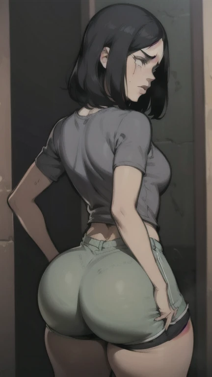 a woman with a huge butt and short shorts, the woman is desperate and crying, long black haired girl, dark eyes, skinny old bum