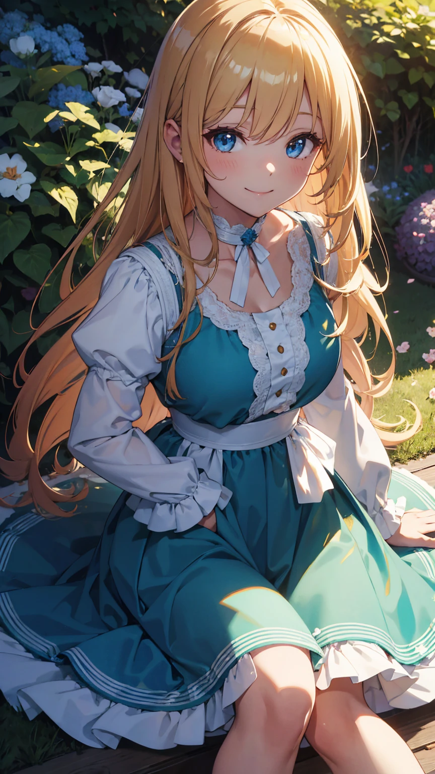 8k, masterpiece, ultra-detailed, photorealistic, 256k, 64k, (anime:1.4), svankmajor artstyle, vivid outline, outline, shade, shiny garden, 1girl, an extremely delicate and beautiful, emotional, blonde hair, long hair, beautiful detailed eyes, (smile:1.4), blue dress, oversized skirt, stand, fullbody shot, close up