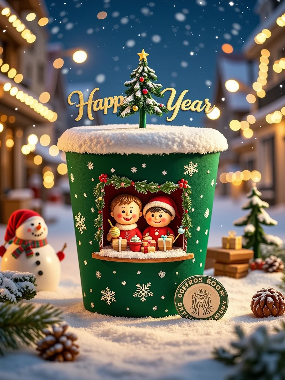 Plush texture, plush material, New Year's Day scene, with "Happy New Year" written on the top, digital production, fantastic New Year's Day celebration, a green Starbucks cup, with a Christmas tree hole decorated with white snowflakes, a small Paper Cuttings window in front, a boy and a girl, sitting inside, dressed in festive attire, holding New Year balloons and small gifts, happily celebrate the arrival of the New Year, smiling, the cup presents a warm festive atmosphere, as if it were a small festival home. The background is bustling city streets, with neon lights decorating buildings and soft snow covering roofs, Trees on both sides of the street are adorned with flashing lights and festive decorations. On the left side of the screen, a chubby snowman wearing a red hat stands in the snow, smiling and adding joy to the festive atmosphere.