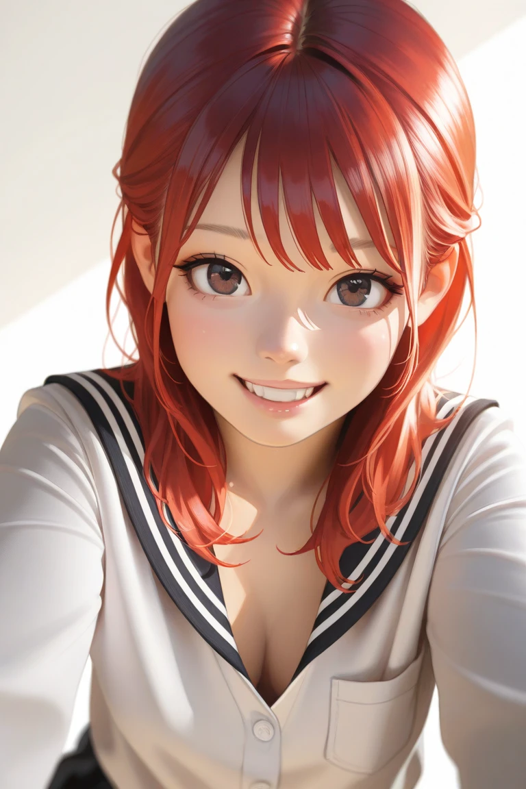 best quality ,masterpiece,ultra high res, very beautiful, kawaii, (photo realistic:1.4), 1girl, Japanese, red hair, open eyes, sexy esthetician, in front of a white background, sexy,  Cinematic, 35mm lens, f/ 1. 8, accent lighting, 8k, smiling