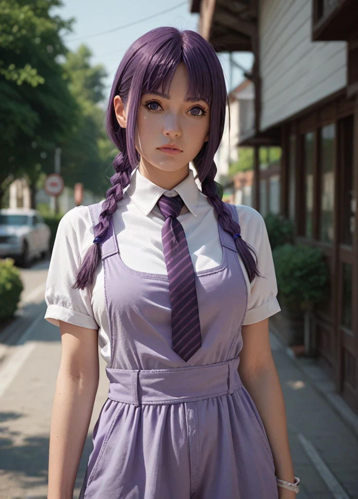 borutosumire, 1girl, purple hair, solo, white shirt, large breast, necktie, twin braids, pinafore purple dress, bracelets, cowboy shot, outdoors