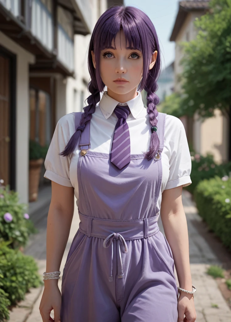 borutosumire, 1girl, purple hair, solo, white shirt, large breast, necktie, twin braids, pinafore purple dress, bracelets, cowboy shot, outdoors