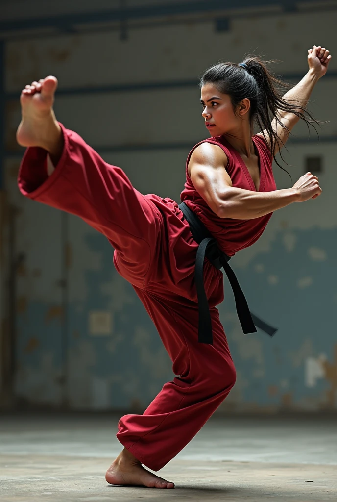 A silhouette of a martial artist in a dynamic pose (e.g., high kick, striking stance) with a backdrop of a traditional dojo or a stylized dragon.