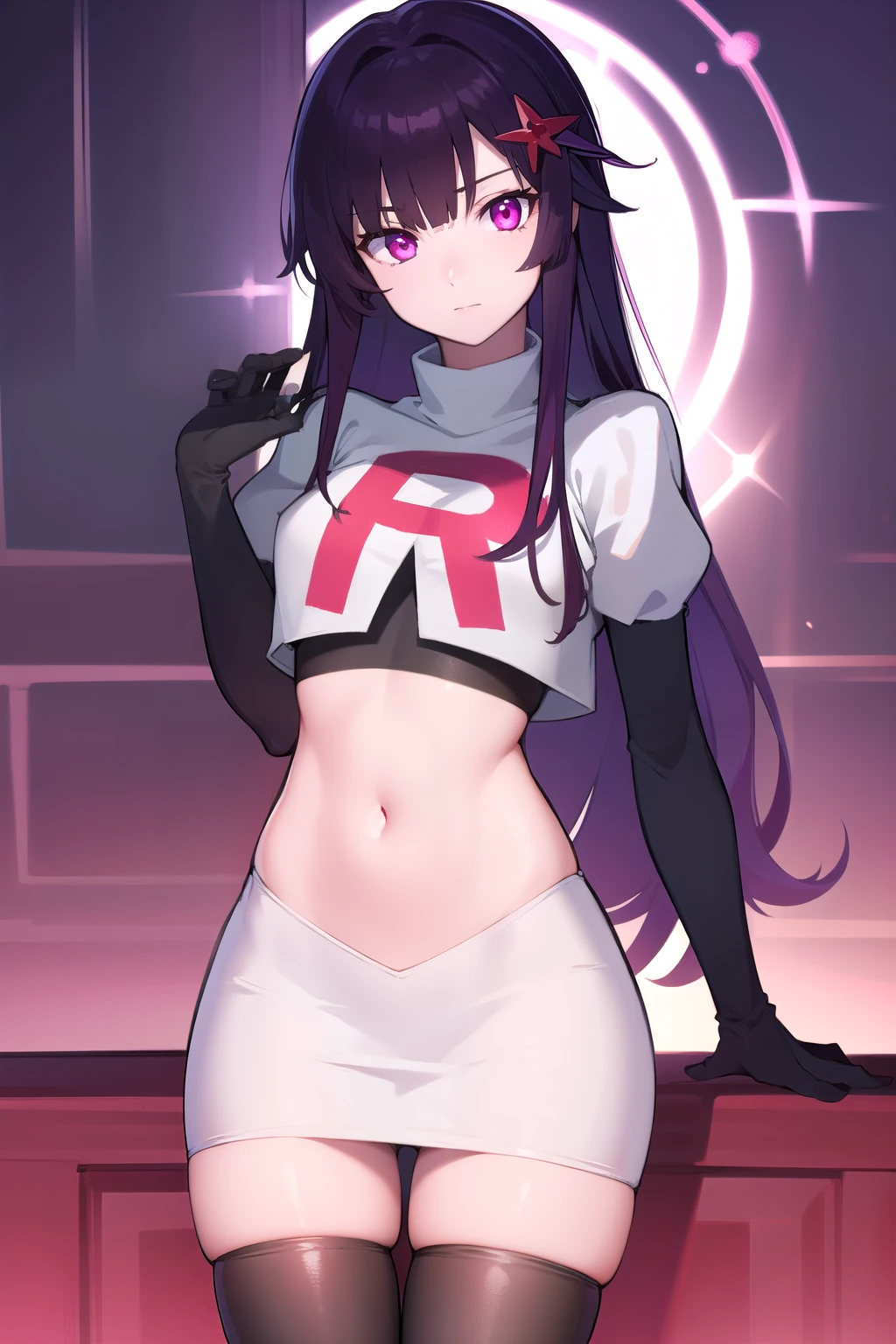 veyle_engage, 1girl, purple eyes, solo, team rocket,team rocket uniform,white skirt,red letter R,crop top,black thigh-highs,black elbow gloves