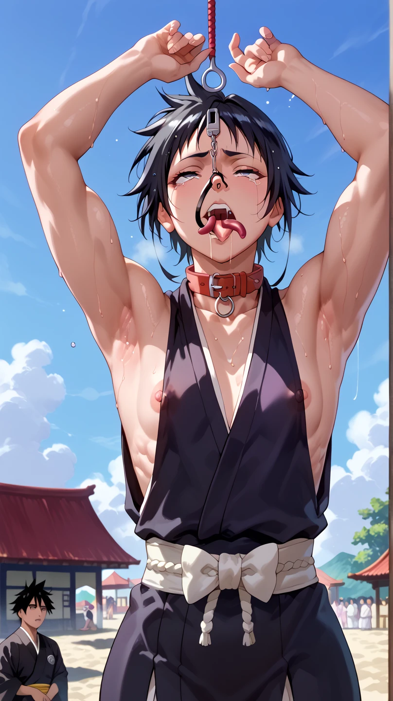 a picture, inspired by Kentaro Miura, trending on pixiv, soifon from bleach, black uniform, favorite scene, fine details, skins, sweating, small breasts, both hands raised, armpits, (small head),armpits visible, dripping with sweat, more more sweat, ((Japanese clothes)),open mouth,rolling eyes,muscle,kneel down,open legs,For the audience, (muscle:1.2),Looking at the audience, tired, (small breasts),sexy body,perfect body,(drooling), tears, head wet, runny nose, black hair, (dog collar) ,transparent nose hook, tentacle in mouth. 