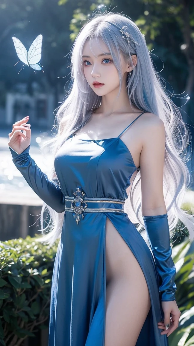 photorealistic, masterpiece, photorealistic, high resolution, soft light, waist up, blue eyes, white hair, long hair, doll dress