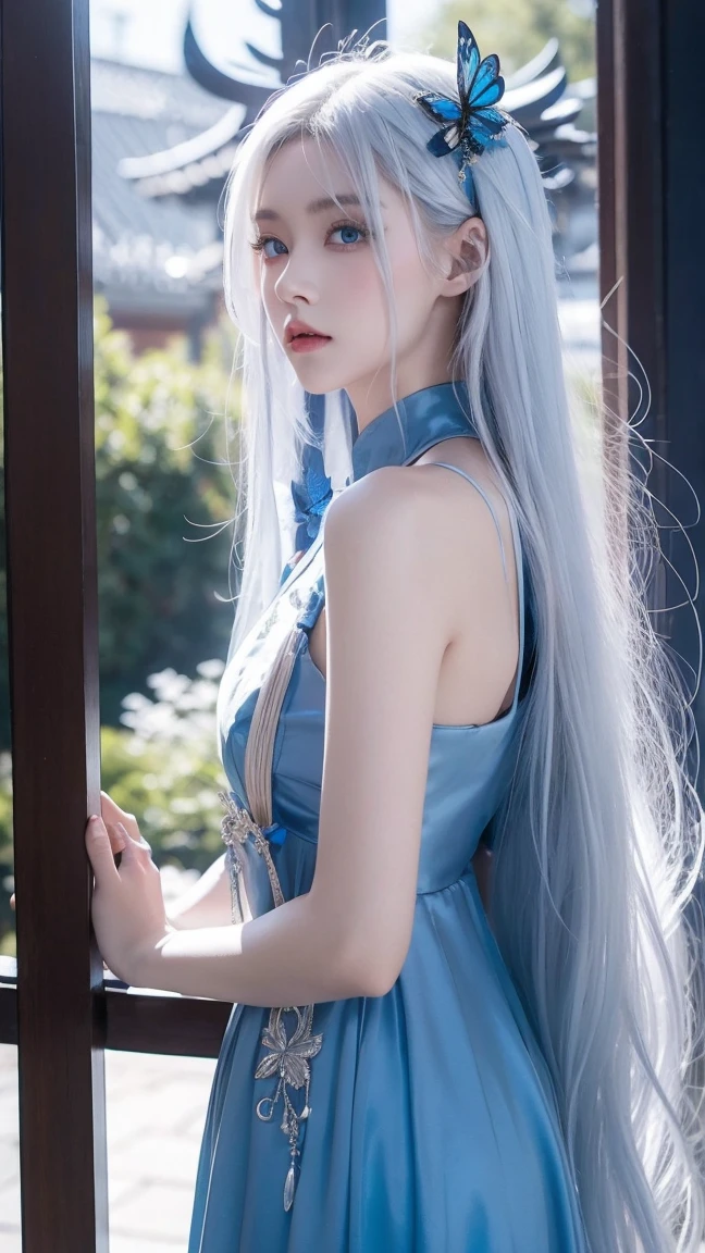 magical, white hair coulor, teenager,blue eyes, anime, female, longhairs, fantacy,dark tone, glowing blue butterfly, beautiful, blur behide, divine , deity, dark blue, chinese dress, goddess, fantacy land, deity land, god land, angle, dream,crystal, soul land, beautiful aura, full of power, gorgeous, dusts,dark blue long dress, long hand cover dress, slayer, royal, ancient style, landscape, palace