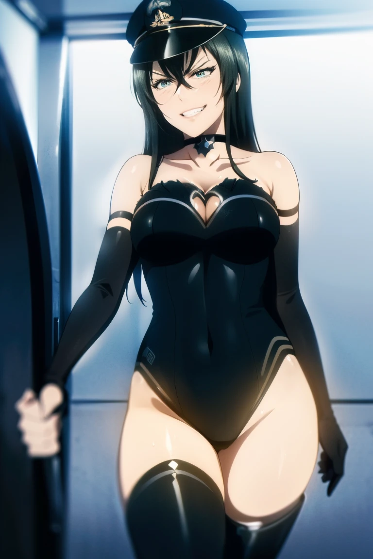 beautiful, masterpiece, ultra detailed, extremely detailed, ultra high res, 8k, beautiful detailed face, heart shaped face woman, (black hair:1.2), long hair, hair between eyes, large breasts, fearless face, sharp face, slant eyes, cat eyes, 170cm tall, adult, perfect proportion, (((black high-leg leotard))), (((bare shoulder, bare collarbone))), cleavage, (((thigh boots))), (((choker))), (((military cap))), anime style, anime screencap, anime detailed, anime best girl, Beautiful portrait of cute anime girls, beautiful animation, ultra detailed beautiful face and eyes, front view, raw phot, incredibly absurdres, super fine illustration, full-hd, hdr, best aesthetic, distinct, exquisite, masterwork, by famous artist, highers, (((perfect anatomy))), mocking, (((rape face))), (((evil grin))), intense eyes, sadistic, gleaming skin, oil skin, slut face, full-face blush, smirking, mischievous grin, furrowed mouth, both legs, pouty lips, downturned corners, rosy hue, grin widely, cheeky smirk, (((bad-tempered glare))), gloating, crazy smile, scary face, cruel smile, fang, connected teeth,, (((elbow gloves))), (((big connected teeth)), glare, grimace, smirk, (((scowling face))), smile broadly, symmetrical eyes, even eyes, (((squinting eyes))), deep detailed eyes, super detailed eyes, shiny clothes, 1girl, solo, smug, smile grimly, (((dimpled smile))), (((light pink eyes and black pupil, eyes must be vibrant))), (((cowboy shot and standing))), (((laugh))), (((pleasure face))), (((brutality face))), (((scary face))), (((fang))), perfect face, perfect femake body, (((perfect eyes, light eyes, clear eyes, shiny eyes))), garter straps, enamel bondage, accurate face parts, Smooth and Flawless Skin, Expressive and Captivating Eyes, Well-Defined Facial Features, Radiant and Healthy Glow, Perfectly Proportioned Face, Graceful and Symmetrical Features, Fine Details and Realistic Textures, shiny, shiny hair, purple background, bare arms, cleavage cutout, bare breasts, bare chest,