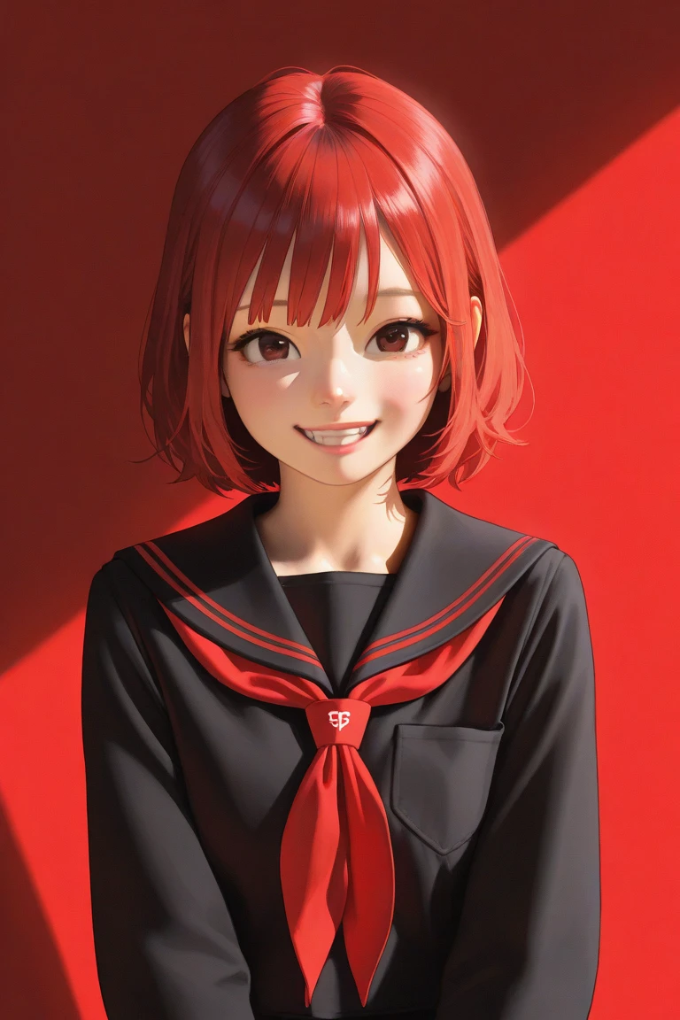 best quality ,masterpiece,ultra high res, very beautiful, kawaii, (photo realistic:1.4), 1girl, Japanese, red hair, open eyes, red cute clothes, in front of a red background, animation,  Cinematic, 35mm lens, f/ 1. 8, accent lighting, 8k, smiling