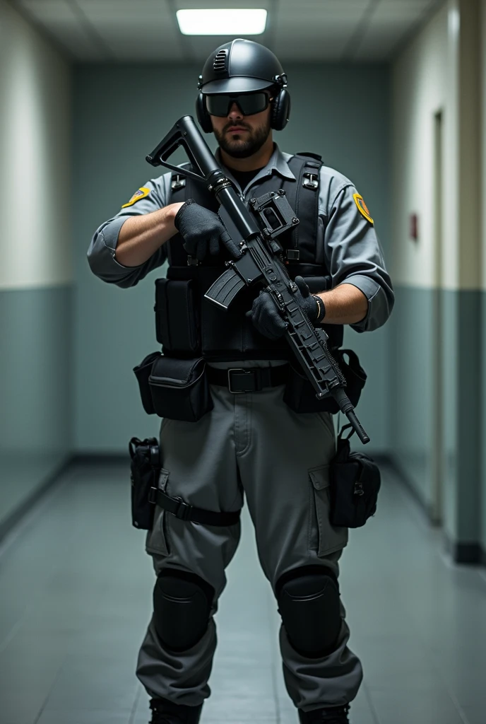 A prison service agent specialized in the use of non-lethal tactical weapons to reduce prisoners, with full safety equipment . He wears a uniform in shades of gray , black and white , including tactical vest , hull, gloves and knee pads . He is armed with a non-lethal weapon , such as a taser or cane , and has additional equipment such as radio and handcuffs on his belt . The stage is a neutral and professional prison environment .