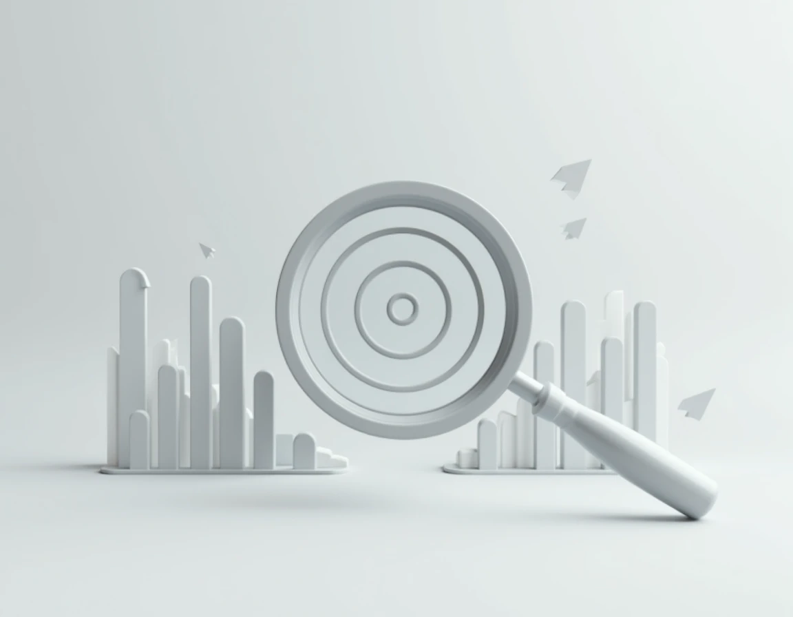 "A target board clearly visible inside a magnifying glass, placed on a soft gray background. The magnifying glass symbolizes focus and precision, while the target board represents goals and achievements, surrounded by subtle upward arrows for growth and success."