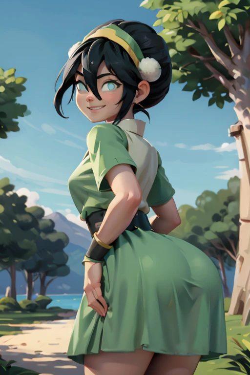 toph, girl, blind, green eyes, short black hair, hair bun, hairband,hair between eyes, chinese clothes, green dress, short sleeves, pelvic curtain, looking happy, smiling, standing, leaning forward, outside, trees, blue sky, high quality, masterpiece, huge ass, thick thighs