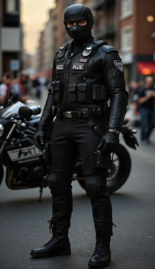 一個肌肉發達的成年男性的Full body image。 Men's Body Police Tactical Clothing Tactical Equipment Police Tactical Unit，PTU 黑色皮革Full body image、 mask and mask . Wearing Police Leather Jacket ，leggings. Tactical boots.Leather Suitable for Full Body Coverage 。  smooth leather 。   Dark Atmosphere 。 Low Light。  Faint light casts dramatic shadows 。Police Heavy Duty Motorcycle . Strange otherworldly atmosphere 。  Another world city 。 Full body image。。 full-body photo 。 fantasy