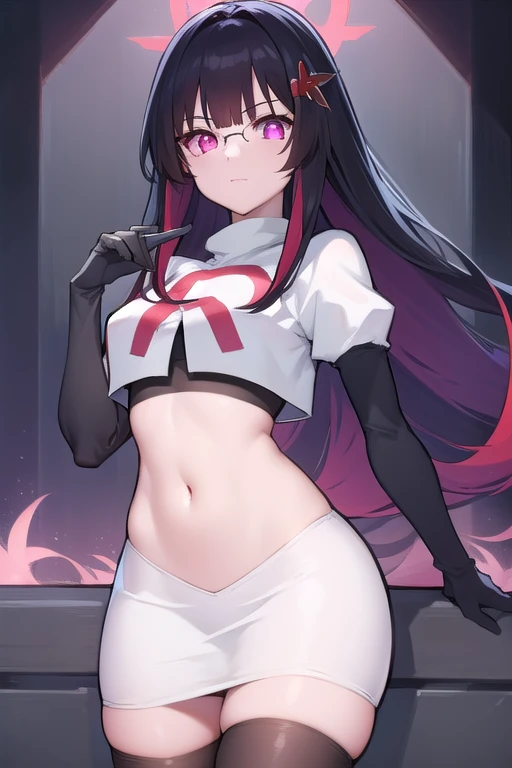 Precise illustrations, high-level image quality, a beauty girl, (((full bodyesbian,))) Standing Picture, Center of gravity to the right, Very long hair, A dark-haired, purple and black gradient hair, Raised eyes, (red eyes,) A slight smil, cocky expression, wear black look,And dignified clothes, military outfits, a short skirt, (((Black tights,))) (((Slender figure,))) (((((Smaller breasts,))))) Slimming legs, No sleeves, I can see the side, 14years, White background, simple background,
