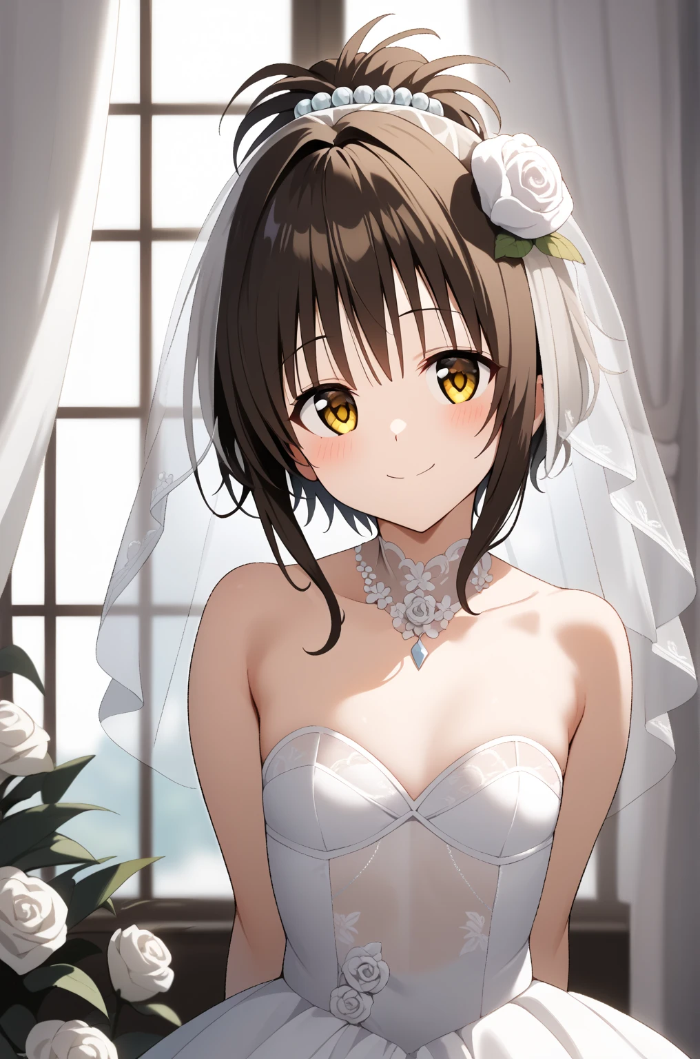 masterpiece,best quality,{{detailed beautiful face and eyes}}, 
Yuki Mikan,{{{megami magazine}}},brown hair,hair bobbles,sidelocks,bangs,yellow eyes,flat chest,
hairstyle: (wedding bun short hair:1.2)
Outfit: (wedding dress,intricate dress, ball gown, bridal veil, bride, curtains, 
depth of field, dress, flower, hair flower, hair ornament, see-through,white flower, white rose:1.1),(face full of joy:1.3)