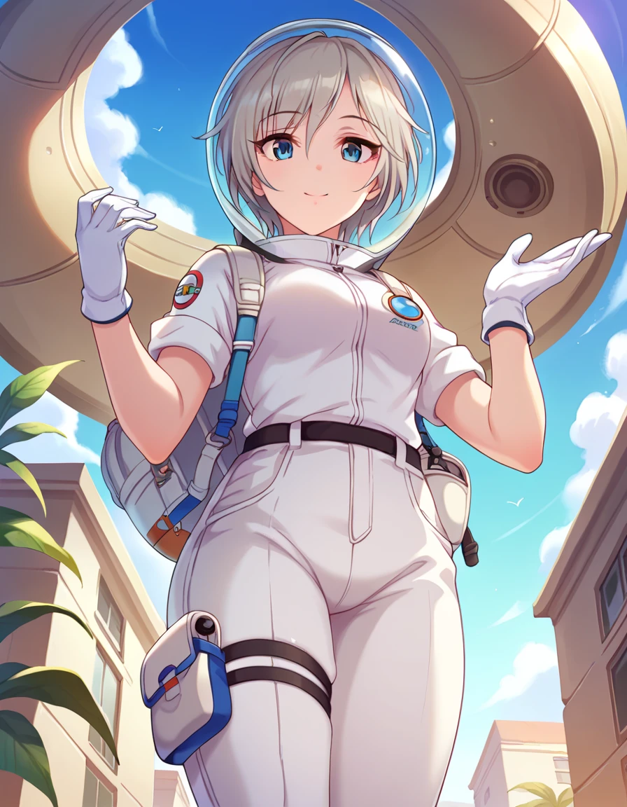 (spacesuit:1.15), white cargo pants, astronaut)bubble helmet, space helmet, white gloves, white backpack , , looking close at you, outdoors, city, plant, tree, day, blue sky, sunbeam, standing, image from below, masterpiece, best quality, 1girl, beautiful, image from below, solo, , anstsa, short hair, grey hair, bangs, hair between eyes, blue eyes, medium breasts, happy