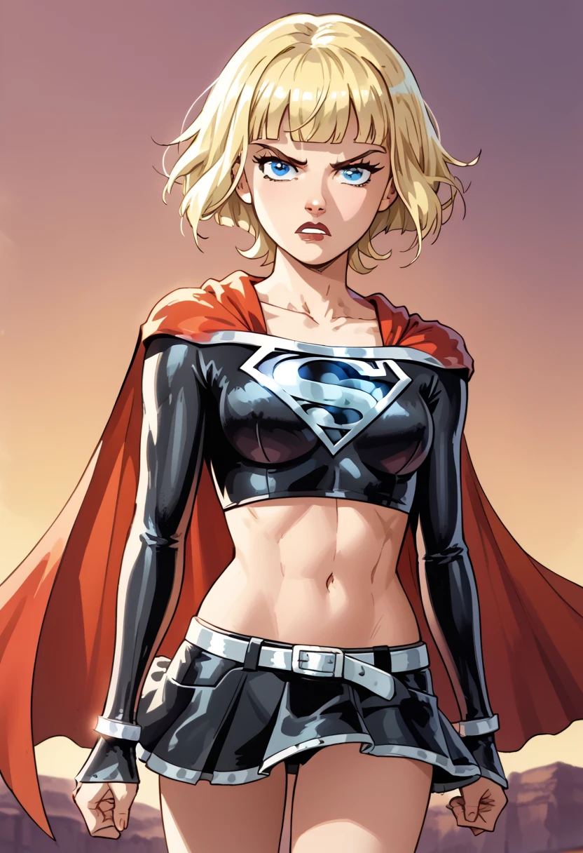 Emma Hanes radiates a powerful and enigmatic aura in the dark Supergirl costume, adding a mysterious edge to her otherwise lively demeanor. The bodysuit, crafted in a deep charcoal gray with a crimson and black "S" emblem, enhances her commanding presence. A matching dark red cape cascades down her back, adding drama and intensity to her look, while the black skirt and black boots tie the outfit together with a sleek and formidable style. Her blonde hair contrasts strikingly with the dark palette, catching the light as it frames her sharp, determined features. Emma’s eyes, often filled with warmth, now reflect a deeper, more contemplative strength, hinting at a resolve forged through challenges. Her posture is confident yet restrained, one hand resting on her hip while the other subtly grips the cape, as though prepared to take flight at a moment’s notice. In the dark Supergirl costume, Emma Hanes represents a hero who has embraced both light and shadow, demonstrating resilience and adaptability. She inspires awe and respect, proving that strength comes not only from ideals but also from the courage to face and overcome life’s adversities. Emma Hanes, blonde hair,short hair,blunt bangs,blue eyes, 1girl, solo,