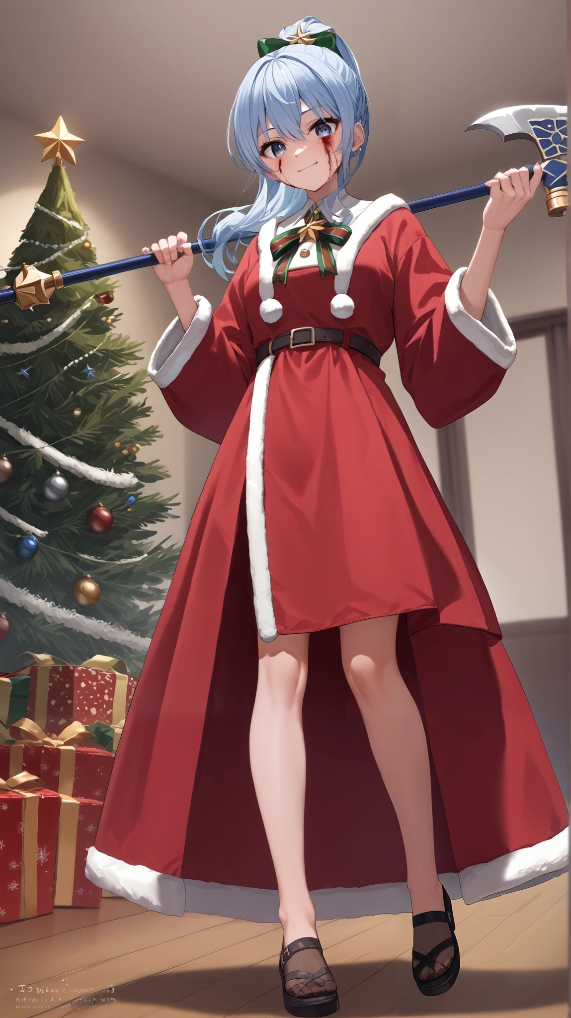 ( Christmas tree in the living room with a Christmas background)、(2.5D anime character )、(２Dimensional animation quality)、( Japanese anime-like image quality)、Cool Santa costume and miniskirt 、Bloody Face、Dead Eyes、 cool pose with a big axe in your right hand、Battle scene while standing 、 sexy, clean and tidy、Battle scene with a large spear in your right hand 、Stylish light blue ponytail hairstyle 、With a little smile、 beautiful, moisturized, and beautiful eyes 、Clean and glossy skin 、Beautiful and clean hands、(8k、4K、 top quality 、 high res：1.2）、 noise reduction、 full body image 