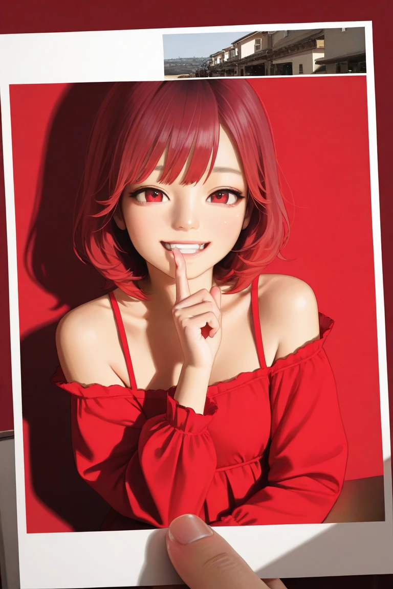 best quality ,masterpiece,ultra high res, very beautiful, kawaii, (photo realistic:1.4), 1girl, Japanese, red hair, open eyes, put index finger on mouth, red dress, red eyes, in front of a red background, illustration,  Cinematic, 35mm lens, f/ 1. 8, accent lighting, 8k, smiling