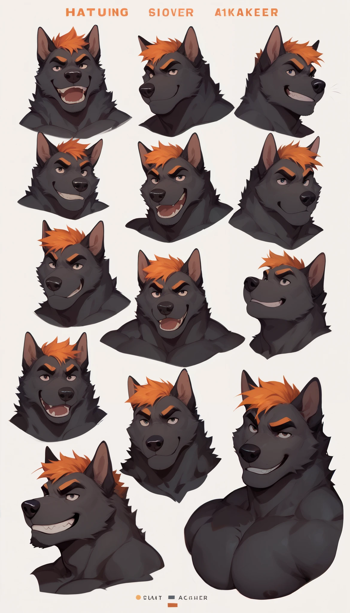 Wolf archer. Portrait. Head and pectorals focus. Masculine, buff, broad shoulders, Full body, black fur, orange highlights, nude, dog sheath, character sheet, bow, hunting bow, smirking, smug