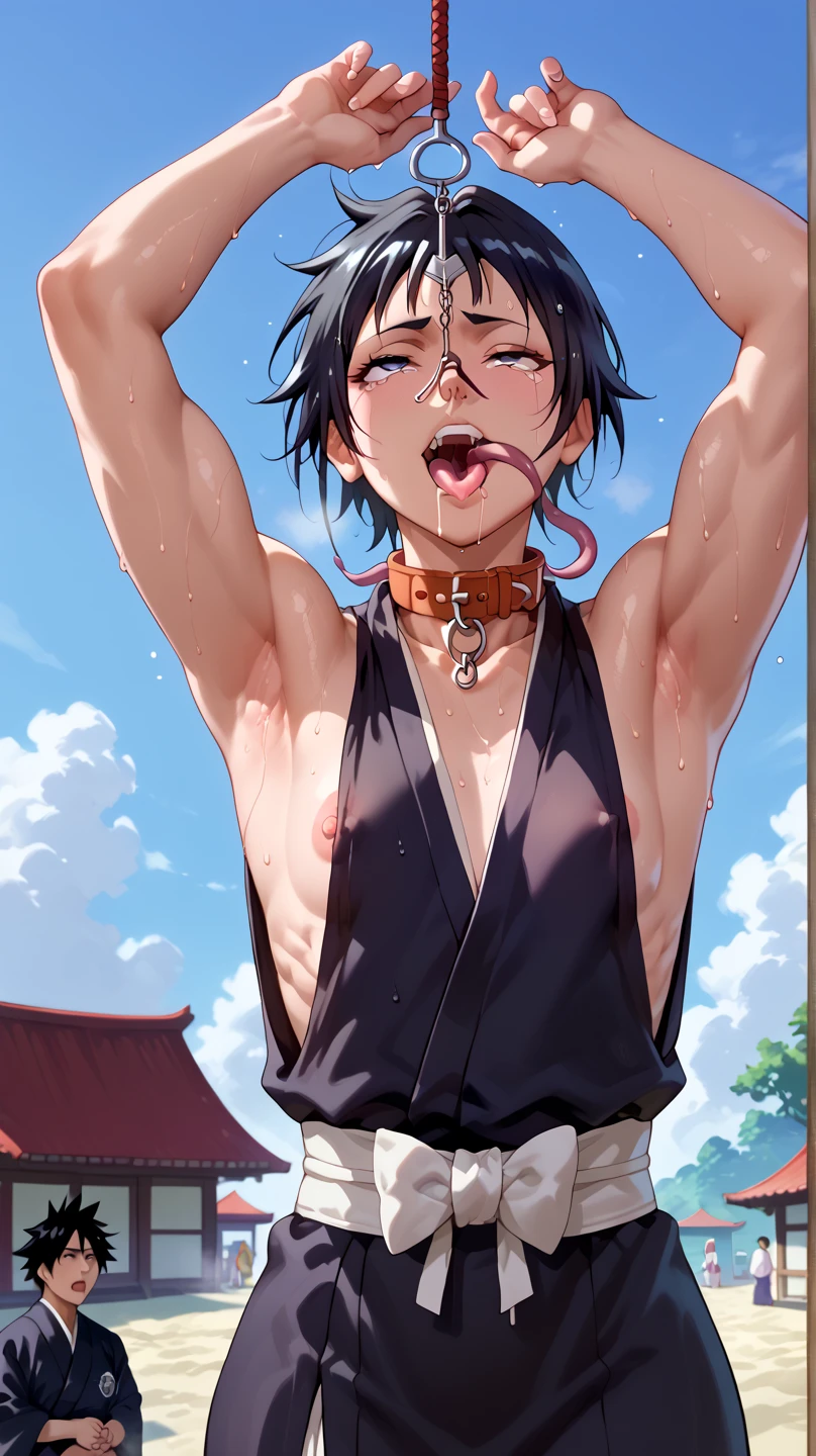 a picture, inspired by Kentaro Miura, trending on pixiv, soifon from bleach, black uniform, favorite scene, fine details, skins, sweating, small breasts, both hands raised, armpits, (small head),armpits visible, dripping with sweat, more more sweat, ((Japanese clothes)),open mouth,rolling eyes,muscle,kneel down,open legs,For the audience, (muscle:1.2),Looking at the audience, tired, (small breasts),sexy body,perfect body,(drooling), tears, head wet, runny nose, black hair, (dog collar) ,transparent nose hook, tentacle in mouth. 