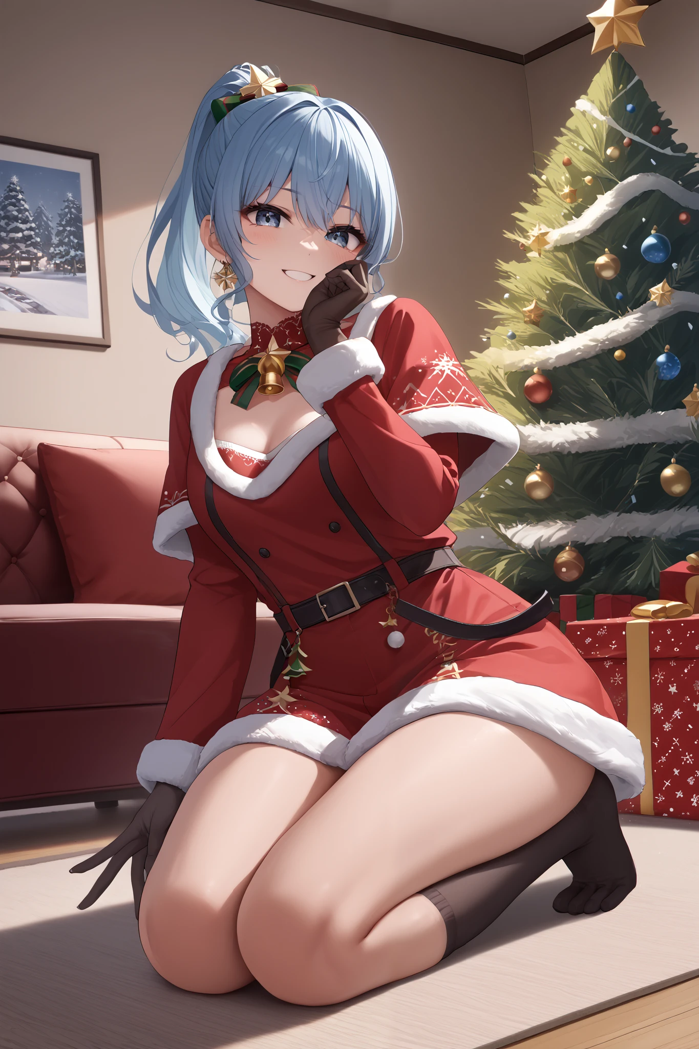 Cool pose with a large spear in your right hand、( Christmas tree in the living room with a Christmas background)、(2.5D anime character )、(２Dimensional animation quality)、( Japanese anime-like image quality)、Cool Santa costume and miniskirt 、 sexy, clean and tidy、Is there a beautiful woman in the world 、Cool pose with a large spear in your right hand、Stylish light blue ponytail hairstyle 、With a little smile、 beautiful, moisturized, and beautiful eyes 、Clean and glossy skin 、Beautiful and clean hands、(8k、4K、 top quality 、 high res：1.2）、 noise reduction、 full body image 